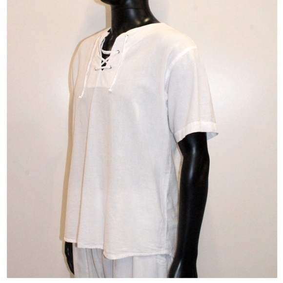 MEN’S RESORT STYLE PERUVIAN COTTON SHORT SLEEVE SHIRT LACE FRONT WHITE SZ MEDIUM - Picture 4 of 10